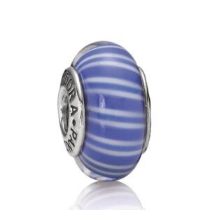 Pandora Retired Murano Blue & White Candy Striped Murano Glass Charm